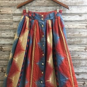 A-Line Button-Front Midi Skirt in Red, Blue & Cream